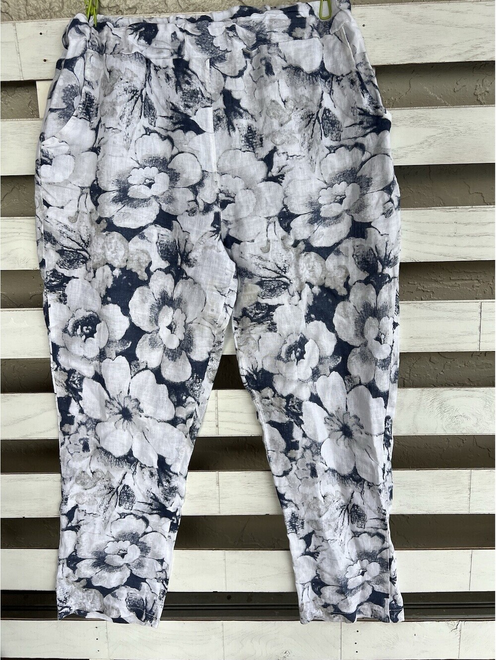 Kaktus Blue White Floral Linen Resort Pants Size L Women’s Pull On Italy